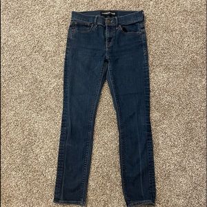 Express size 0S dark blue jeans. Mid rise. Straight leg. Skinny fit.